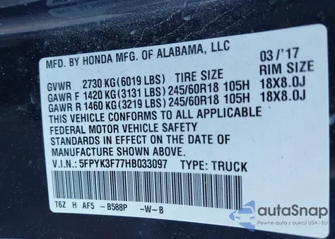 2017 Honda Ridgeline Rtl-E из США, поврежденный, VIN 5FPYK3F77HB033097